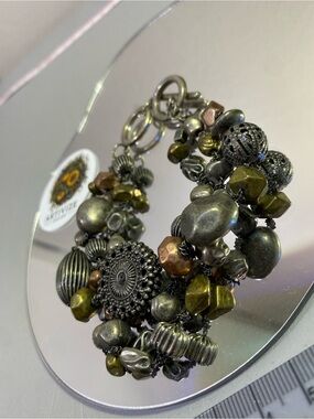 Mixed Metallic Cluster Bracelet - Olive Green & Bronze Accents